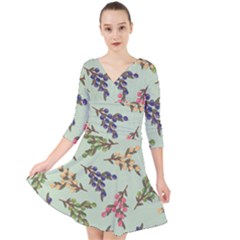 Berries Flowers Pattern Print Quarter Sleeve Front Wrap Dress