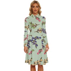 Berries Flowers Pattern Print Long Sleeve Shirt Collar A-line Dress by Maspions