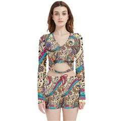 Paisley Print Musical Notes Velvet Wrap Crop Top And Shorts Set by RiverRootz