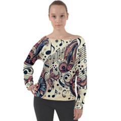 Paisley Print Musical Notes8 Off Shoulder Long Sleeve Velour Top by RiverRootz