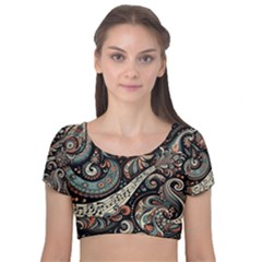 Paisley Print Musical Notes7 Velvet Short Sleeve Crop Top  by RiverRootz