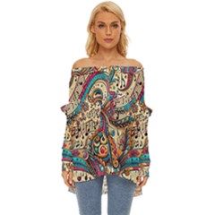 Paisley Print Musical Notes Off Shoulder Chiffon Pocket Shirt by RiverRootz