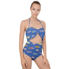 Sea Fish Blue Submarine Animals Patteen Scallop Top Cut Out Swimsuit by Maspions