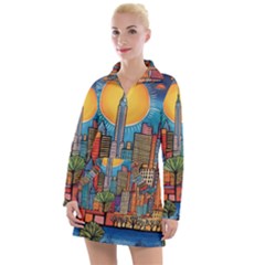 City New York Nyc Skyscraper Skyline Downtown Night Business Urban Travel Landmark Building Architec Women s Long Sleeve Casual Dress by Posterlux