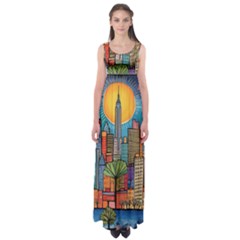 City New York Nyc Skyscraper Skyline Downtown Night Business Urban Travel Landmark Building Architec Empire Waist Maxi Dress by Posterlux