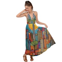 City New York Nyc Skyscraper Skyline Downtown Night Business Urban Travel Landmark Building Architec Backless Maxi Beach Dress by Posterlux