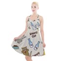 Happy Cats Pattern Background Halter Party Swing Dress  View1