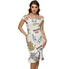 Happy Cats Pattern Background Off Shoulder Ruffle Split Hem Bodycon Dress by Grandong