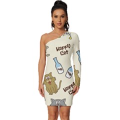 Happy Cats Pattern Background Long Sleeve One Shoulder Mini Dress by Grandong