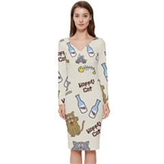 Happy Cats Pattern Background Long Sleeve V-neck Bodycon Dress  by Grandong