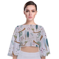 Pattern Sloth Woodland Tie Back Butterfly Sleeve Chiffon Top by Hannah976