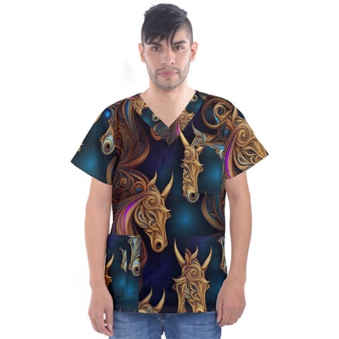 Pattern With Horses Men s V-neck Scrub Top by 2607694a