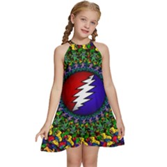 Grateful Dead Bear Pattern Kids  Halter Collar Waist Tie Chiffon Dress by Maspions