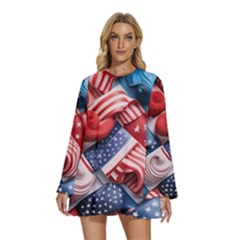 Us Presidential Election Colorful Vibrant Pattern Design  Round Neck Long Sleeve Bohemian Style Chiffon Mini Dress by dflcprintsclothing