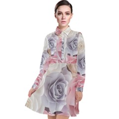 Pastel Rose  Flower Blue Pink White Long Sleeve Chiffon Shirt Dress by Cemarart