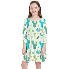 Cactus Succulents Floral Seamless Pattern Kids  Quarter Sleeve Skater Dress by Hannah976