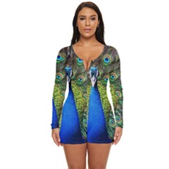 Peacock Bird Feathers Pheasant Nature Animal Texture Pattern Long Sleeve Boyleg Swimsuit by Bedest