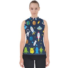 Big Set Cute Astronauts Space Planets Stars Aliens Rockets Ufo Constellations Satellite Moon Rover V Mock Neck Shell Top by Bedest