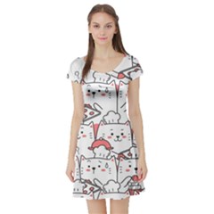 Cute Cat Chef Cooking Seamless Pattern Cartoon Short Sleeve Skater Dress by Bedest