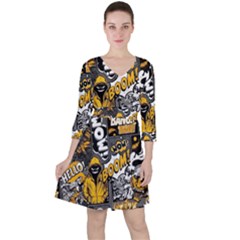 Boom Bang Art Crazy Drawing Graffiti Hello Retro Sayings Yellow Quarter Sleeve Ruffle Waist Dress by Bedest