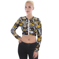 Boom Bang Art Crazy Drawing Graffiti Hello Retro Sayings Yellow Long Sleeve Cropped Velvet Jacket by Bedest