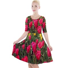 Yellow Pink Red Flowers Quarter Sleeve A-line Dress With Pockets by Azkajaya