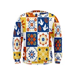 Mexican Talavera Pattern Ceramic Tiles With Flower Leaves Bird Ornaments Traditional Majolica Style Kids  Sweatshirt by Ket1n9