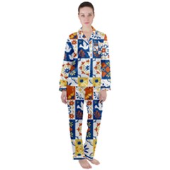 Mexican Talavera Pattern Ceramic Tiles With Flower Leaves Bird Ornaments Traditional Majolica Style Women s Long Sleeve Satin Pajamas Set	 by Ket1n9