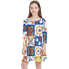 Mexican Talavera Pattern Ceramic Tiles With Flower Leaves Bird Ornaments Traditional Majolica Style Kids  Quarter Sleeve Skater Dress by Ket1n9