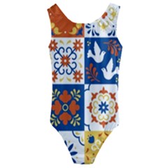 Mexican Talavera Pattern Ceramic Tiles With Flower Leaves Bird Ornaments Traditional Majolica Style Kids  Cut-out Back One Piece Swimsuit by Ket1n9