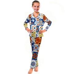 Mexican Talavera Pattern Ceramic Tiles With Flower Leaves Bird Ornaments Traditional Majolica Style Kids  Satin Long Sleeve Pajamas Set by Ket1n9