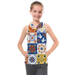 Mexican Talavera Pattern Ceramic Tiles With Flower Leaves Bird Ornaments Traditional Majolica Style Kids  Sleeveless Hoodie by Ket1n9