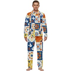 Mexican Talavera Pattern Ceramic Tiles With Flower Leaves Bird Ornaments Traditional Majolica Style Men s Long Sleeve Velvet Pocket Pajamas Set by Ket1n9