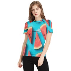 Watermelon Blue Background Women s Short Sleeve Rash Guard by Azkajaya