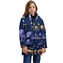 Marine Seamless Pattern Thin Line Memphis Style Kids  Hooded Longline Puffer Jacket by Ket1n9