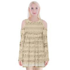 Vintage Beige Music Notes Velvet Long Sleeve Shoulder Cutout Dress by Loisa77