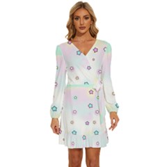 Stars Cute Pastel Pattern Rainbow Long Sleeve Waist Tie Ruffle Velvet Dress by Loisa77