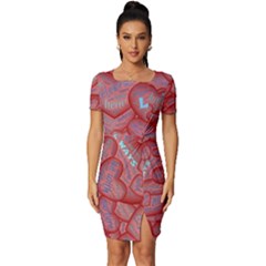 Love Hearts Valentine Red Symbol Fitted Knot Split End Bodycon Dress by Paksenen