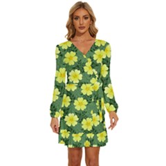 Bloom Flowering Yellow Blade Green Long Sleeve Waist Tie Ruffle Velvet Dress by Loisa77