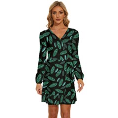 Leaves Pattern Abstract Blade Long Sleeve Waist Tie Ruffle Velvet Dress by Loisa77