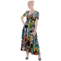 Vintage Horror Collage Pattern Button Up Short Sleeve Maxi Dress by Ket1n9