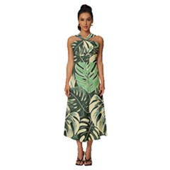 Abstract Art Tropical Leaves Sleeveless Cross Front Cocktail Midi Chiffon Dress by Valentinaart