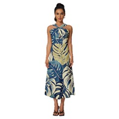 Abstract Art Tropical Leaves Sleeveless Cross Front Cocktail Midi Chiffon Dress by Valentinaart