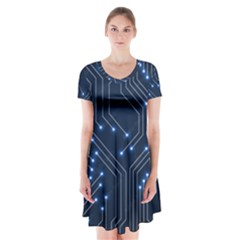 Seamless Pattern Of Glowing Circuit Board Neon Technology Short Sleeve V-neck Flare Dress by Loisa77