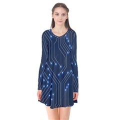 Seamless Pattern Of Glowing Circuit Board Neon Technology Long Sleeve V-neck Flare Dress by Loisa77