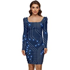 Seamless Pattern Of Glowing Circuit Board Neon Technology Women Long Sleeve Ruched Stretch Jersey Dress by Loisa77