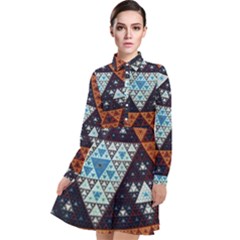 Fractal Triangle Geometric Abstract Pattern Long Sleeve Chiffon Shirt Dress by Cemarart