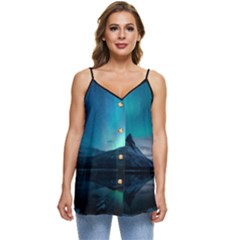 Aurora Borealis Mountain Reflection Casual Spaghetti Strap Chiffon Top by Grandong