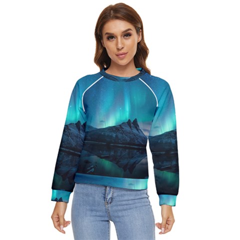 Aurora Borealis Mountain Reflection Women s Long Sleeve Raglan T-shirt by Grandong