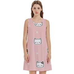 Cute Cat Cartoon Doodle Seamless Pink Pattern Round Neck Sleeve Casual Dress With Pockets by Grandong